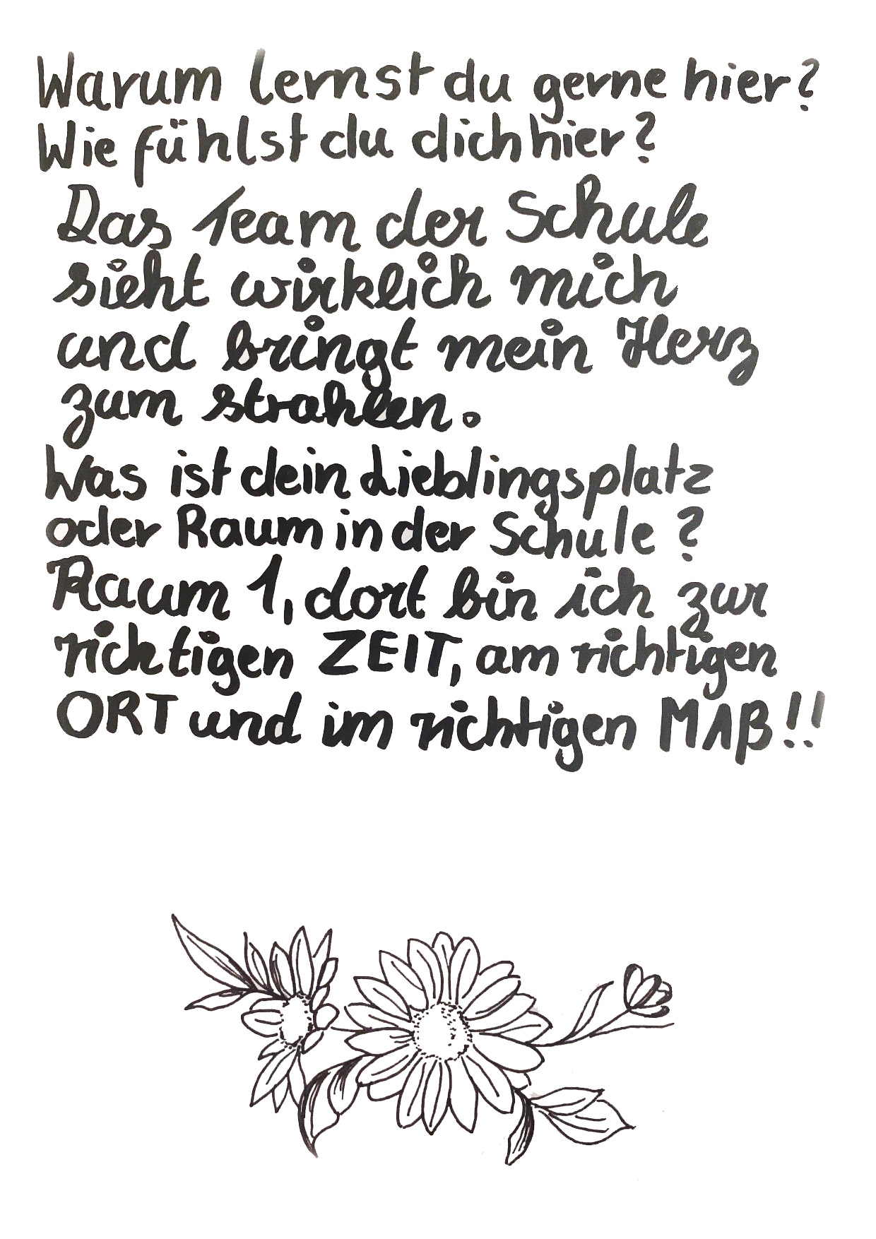Schülerfeedback Heilpraktikerschule Westfalen: Warum lernst du gerne hier? Das Team der Schule sieht wirklich mich und bringt mein Herz zum Strahlen. Mein Lieblingsplatz ist Raum 1 — dort bin ich zur richtigen Zeit, am richtigen Ort und im richtigen Maß!
