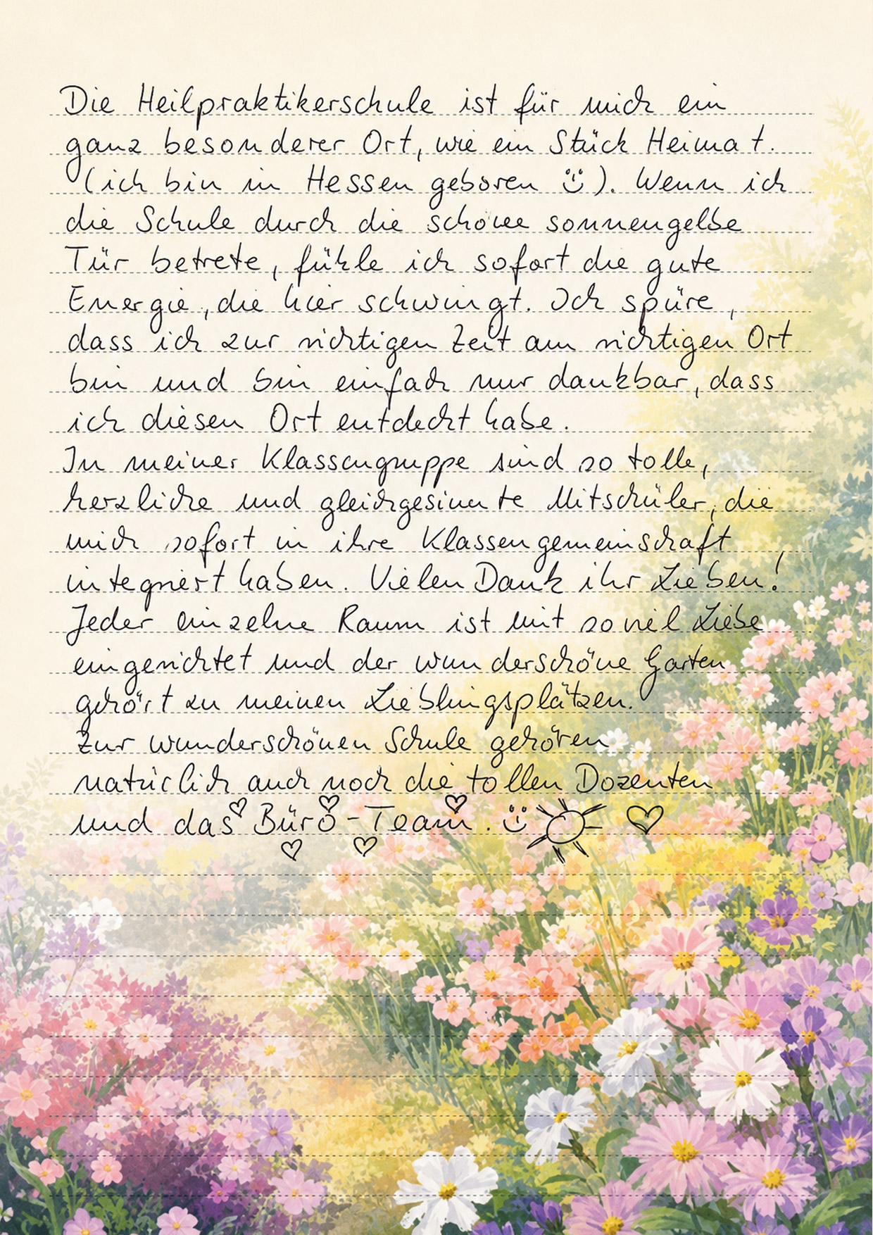 Schülerfeedback Heilpraktikerschule Westfalen: Die Heilpraktikerschule ist für mich ein ganz besonderer Ort, wie ein Stück Heimat. Wenn ich die Schule durch die schöne sonnengelbe Tür betrete, fühle ich sofort die gute Energie, die hier schwingt. Ich spüre, dass ich zur richtigen Zeit am richtigen Ort bin und bin einfach nur dankbar, dass ich diesen Ort entdeckt habe. In meiner Klassengruppe sind so tolle, herzliche und gleichgesinnte Mitschüler, die mich sofort in ihre Klassengemeinschaft integriert haben. Jeder einzelne Raum ist mit so viel Liebe eingerichtet und der wunderschöne Garten gehört zu meinen Lieblingsplätzen. Zur wunderschönen Schule gehören natürlich auch noch die tollen Dozenten und das Büro-Team.