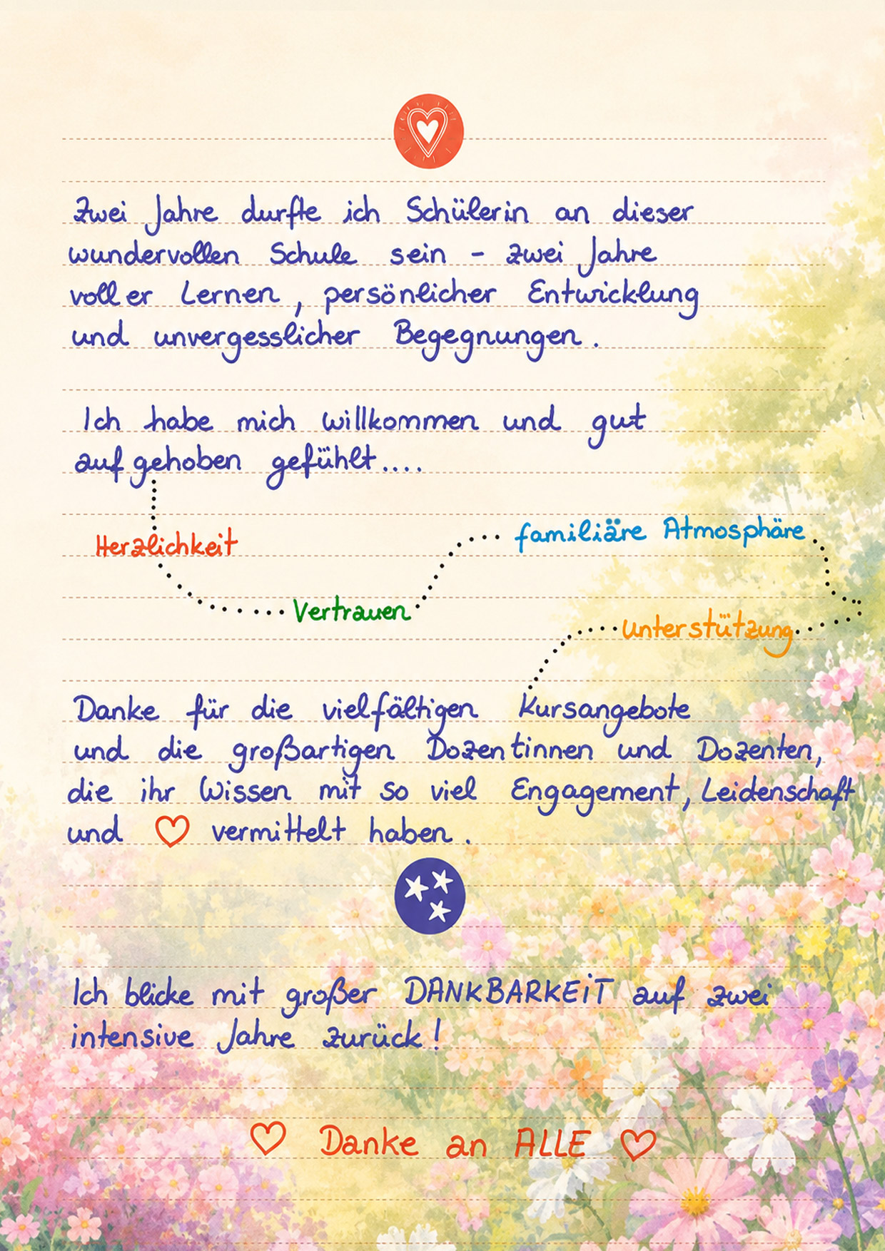 Schülerfeedback Heilpraktikerschule Westfalen: Zwei Jahre durfte ich Schülerin an dieser wundervollen Schule sein — zwei Jahre voller Lernen, persönlicher Entwicklung und unvergesslicher Begegnungen. Ich habe mich willkommen und gut aufgehoben gefühlt. Herzlichkeit, familiäre Atmosphäre, Vertrauen, Unterstützung. Danke für die vielfältigen Kursangebote und die großartigen Dozentinnen und Dozenten, die ihr Wissen mit so viel Engagement, Leidenschaft und Herz vermittelt haben. Ich blicke mit großer Dankbarkeit auf zwei intensive Jahre zurück! Danke an alle!