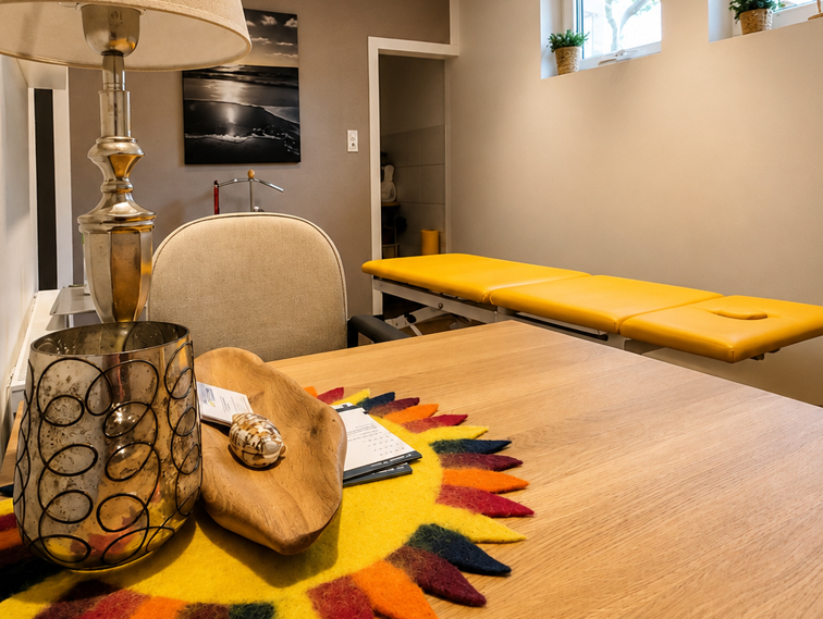 Heller Behandlungsraum mit gelber Therapieliege