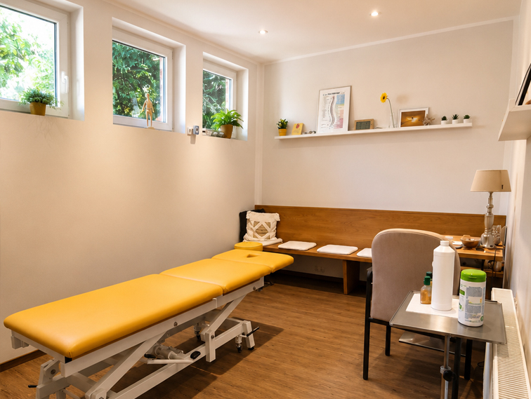 Geräumiger Praxisraum mit gelber Therapieliege und drei Fenstern