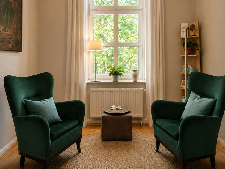 Praxisraum mit Schreibtisch und gelber Behandlungsliege